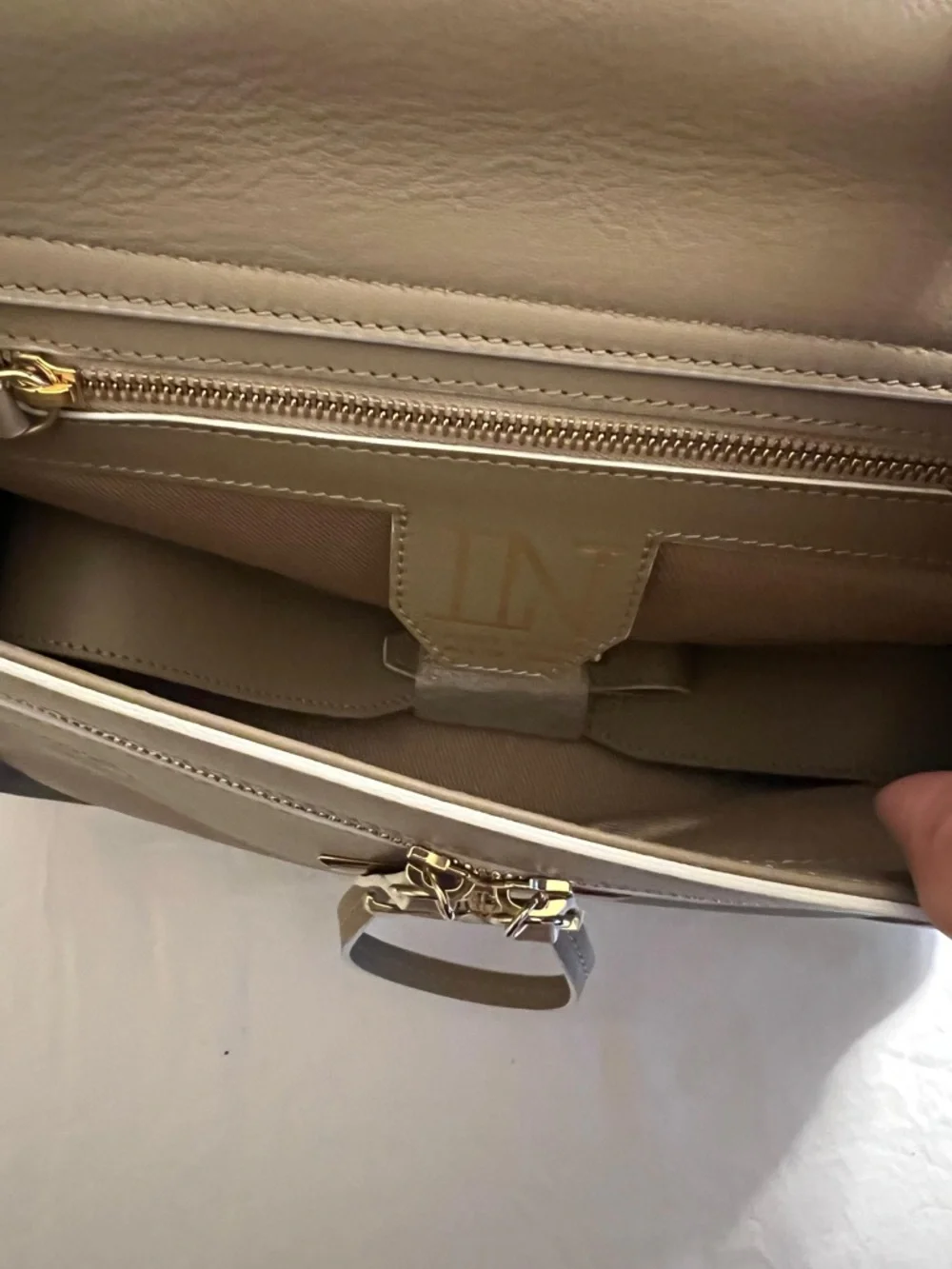 Neutral Gray Structured Satchel with Top Handle and Detachable Strap